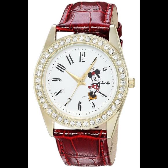 Disney Women's Minnie Mouse Watch Diamonds Bezel Red Leather - Picture 1 of 1